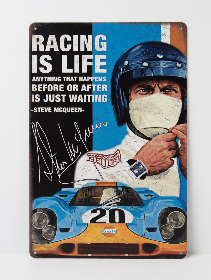 Plaque Métal Steve McQueen – Racing is Life 30 x 20 cm