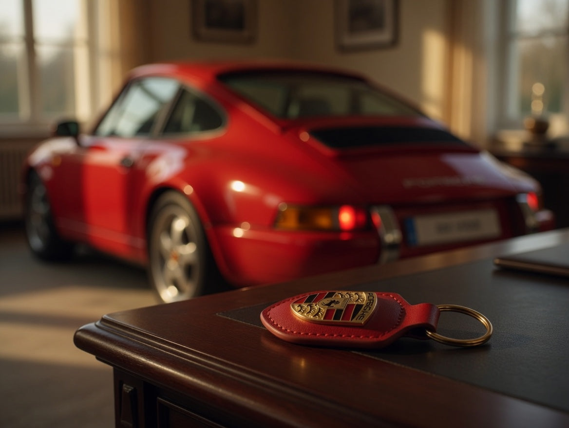 Porte-clés Porsche en cuir Rouge avec écusson en métal doré