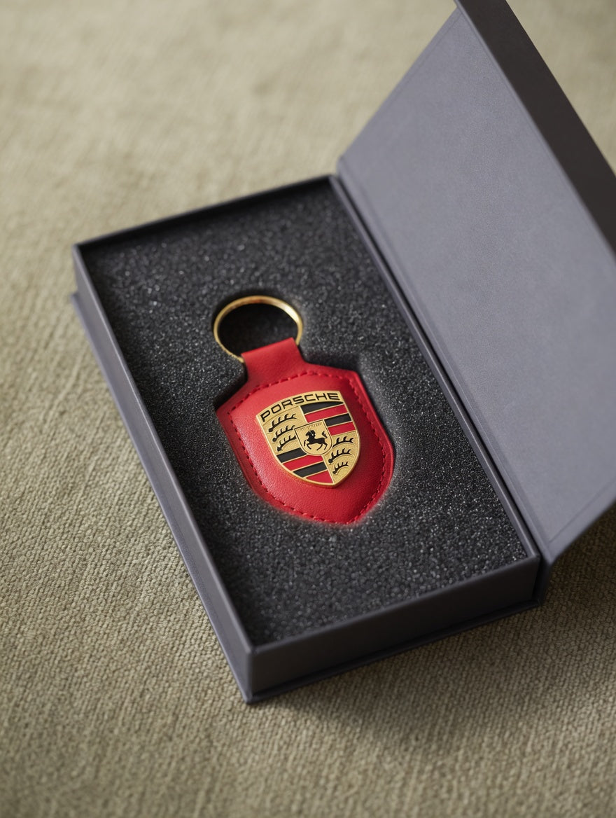 Porte-clés Porsche en cuir Rouge avec écusson en métal doré