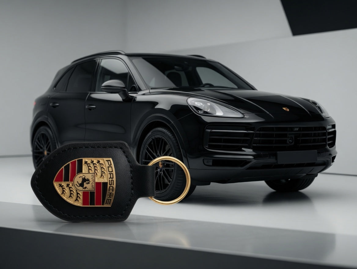 Porte-clés Porsche en cuir Noir avec écusson en métal doré