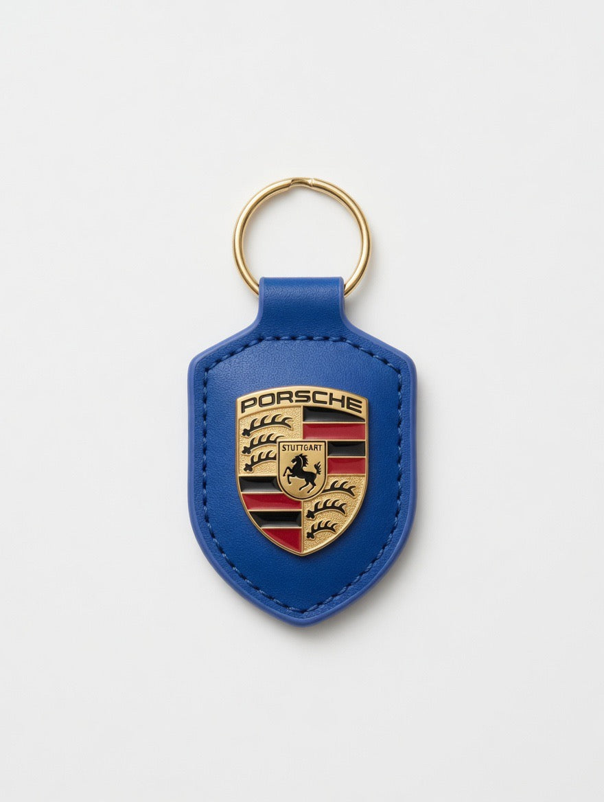 Porte-clés Porsche en cuir Bleu avec écusson en métal doré