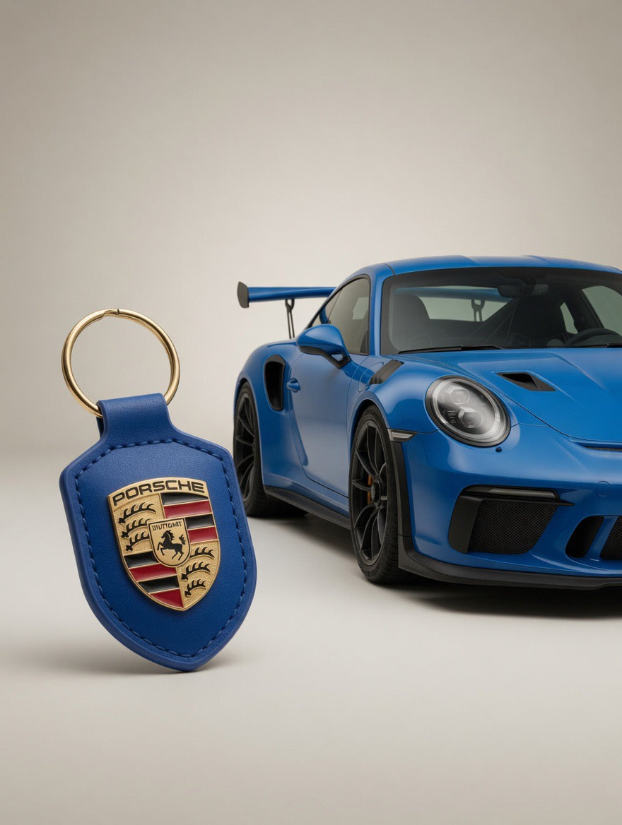 Porte-clés Porsche en cuir Bleu avec écusson en métal doré