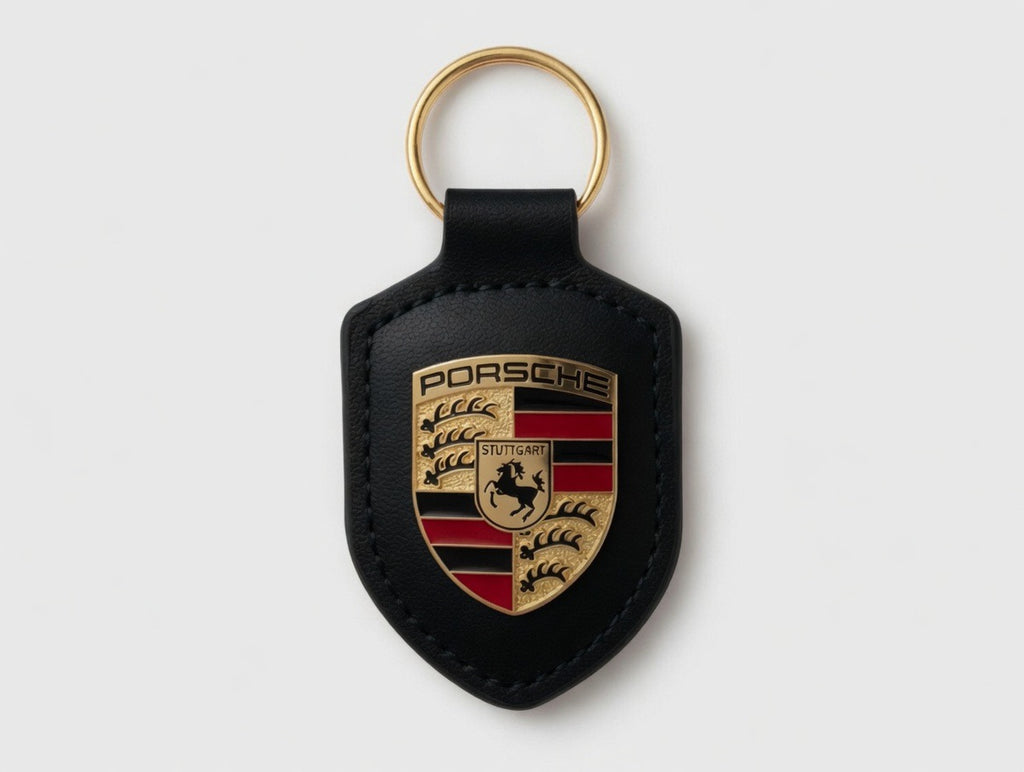 Porte-clés Porsche en cuir Noir avec écusson en métal doré