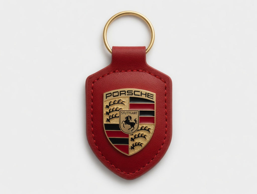 Porte-clés Porsche en cuir Rouge avec écusson en métal doré