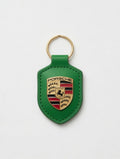 Porte-clés Porsche en cuir Vert avec écusson en métal doré