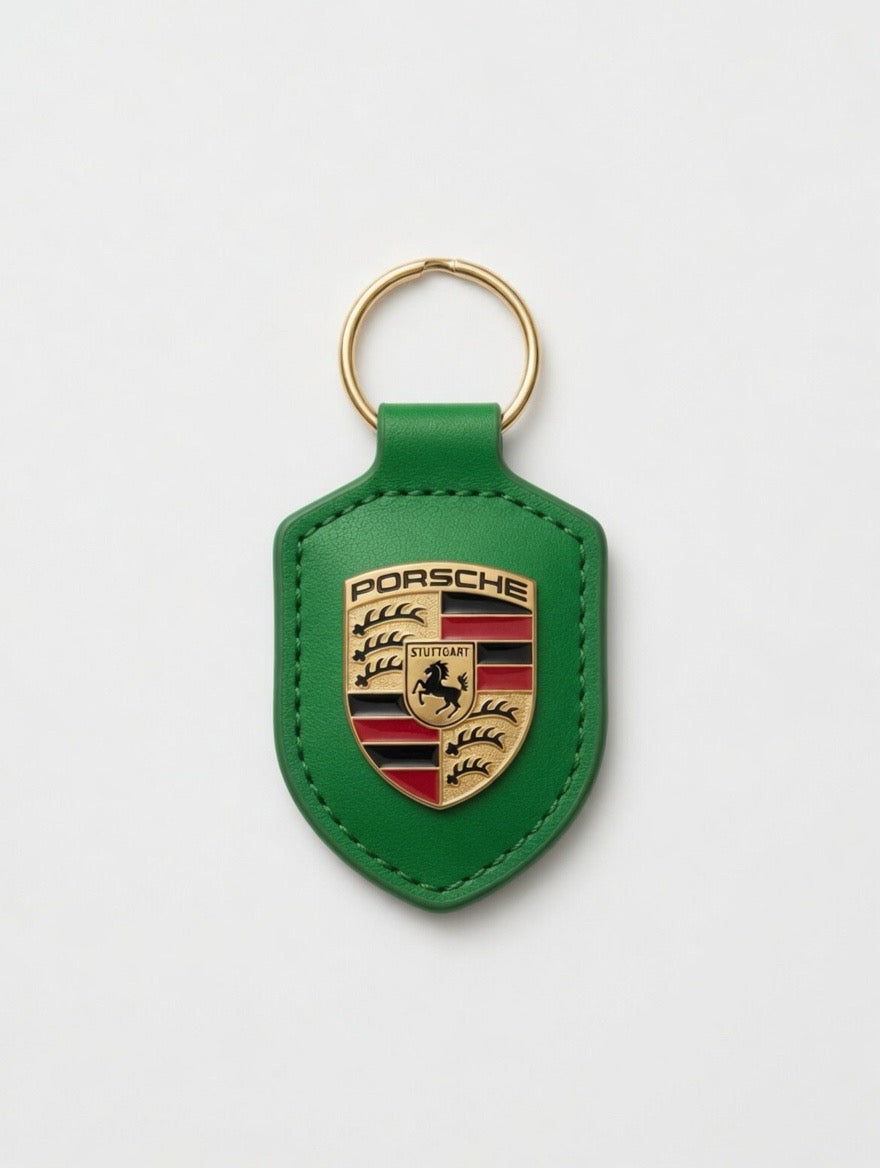 Porte-clés Porsche en cuir Vert avec écusson en métal doré