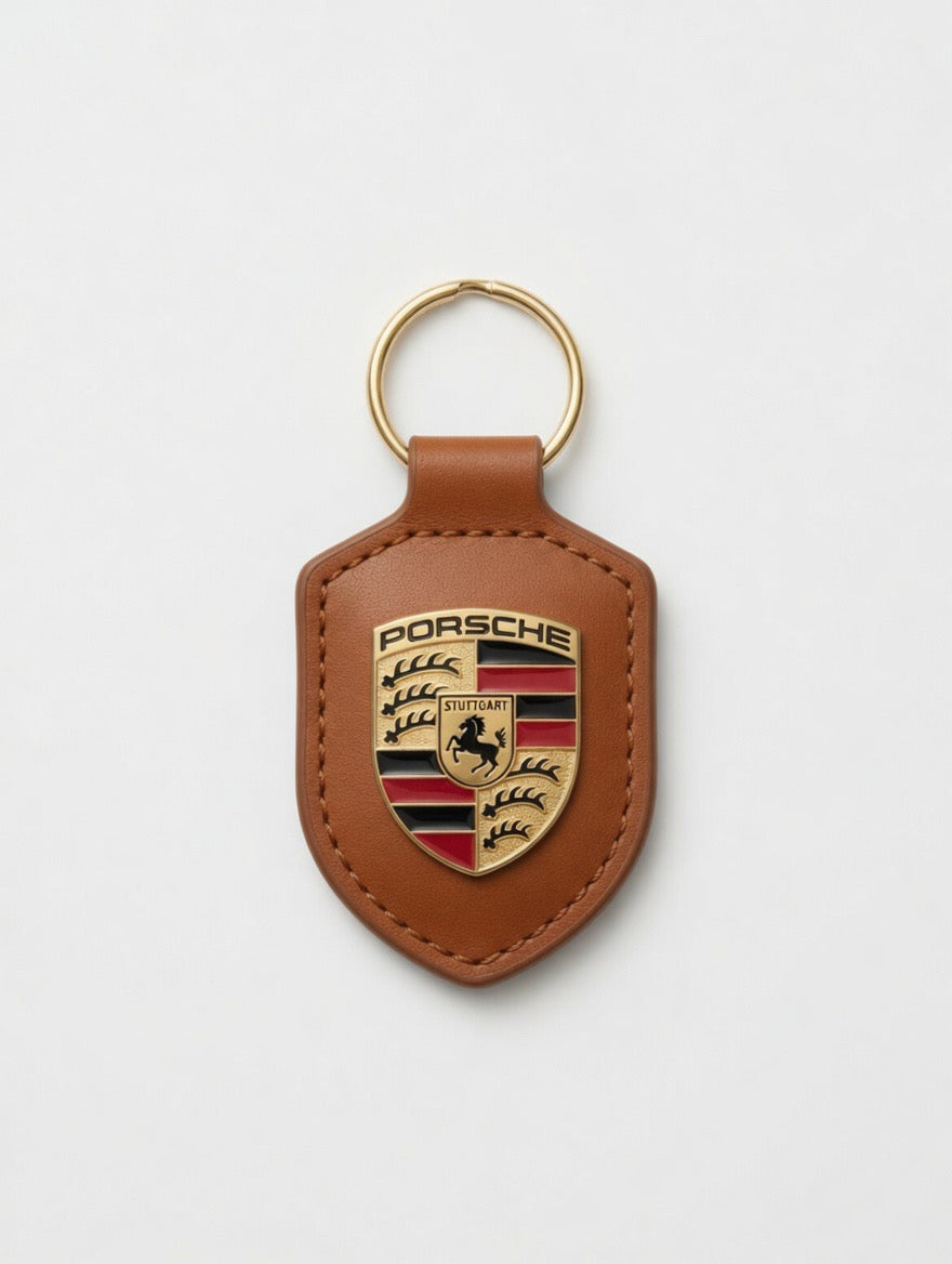 Porte-clés Porsche en cuir Marron avec écusson en métal doré