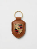 Porte-clés Porsche en cuir Marron avec écusson en métal doré