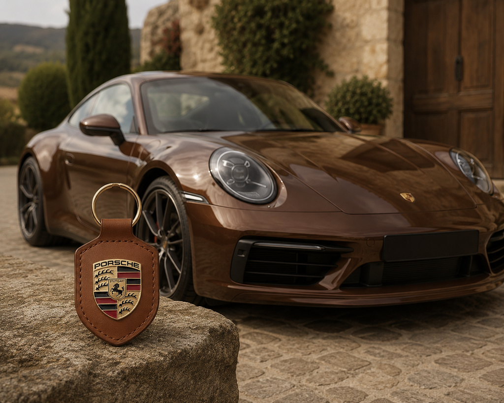 Porte-clés Porsche en cuir Marron avec écusson en métal doré